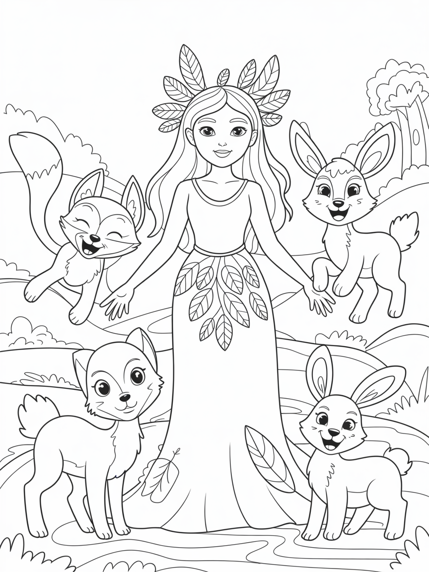 Green goddess in a fantasy realm with animals - Free Coloring Page