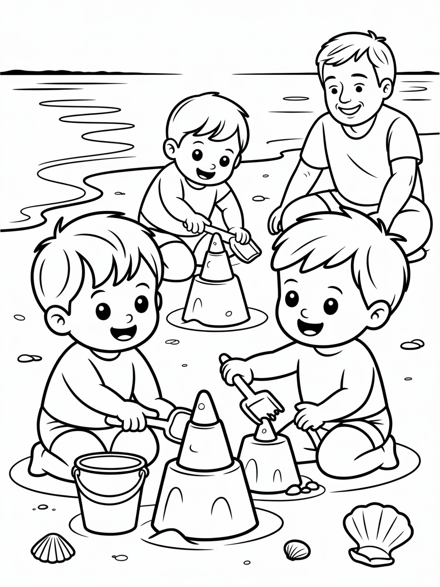 Two boys aged 18 months building sandcastles on the beach with their parents - Free Coloring Page