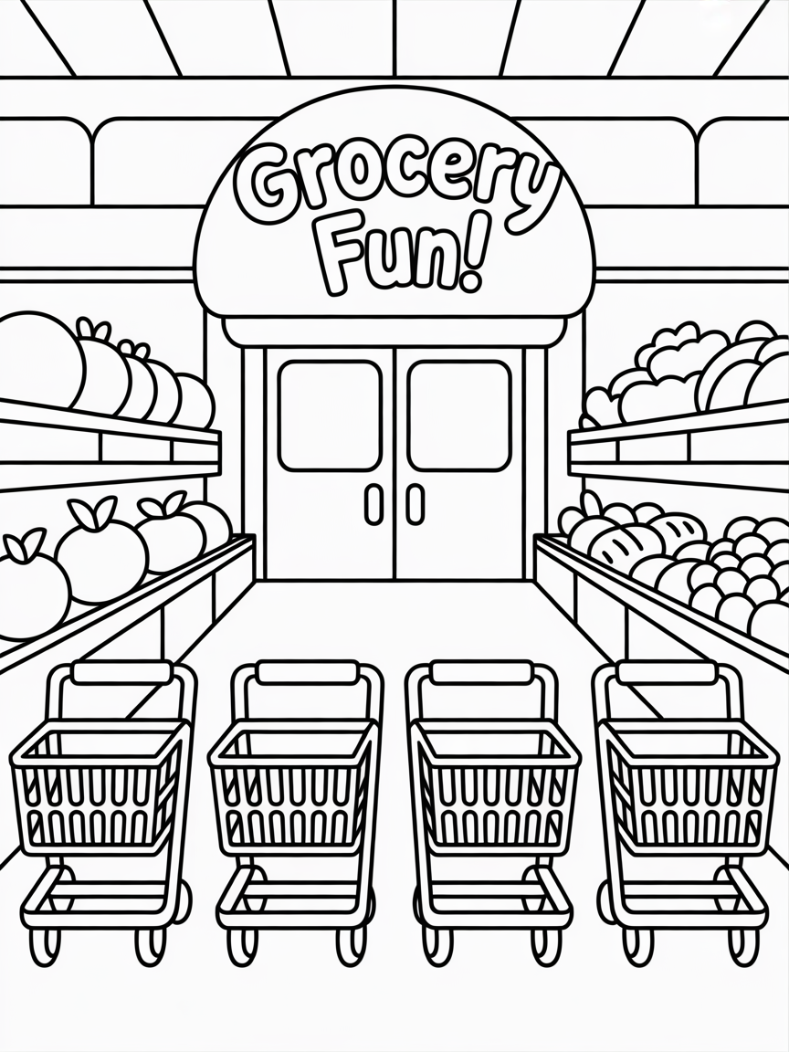 A supermarket with a row of trolleys - Free Coloring Page