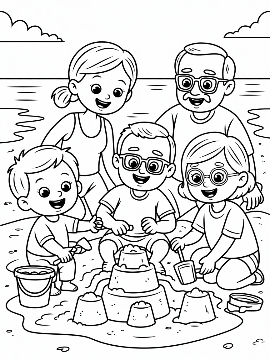 A family building sandcastles on the beach. The family includes two 18 month boys, a mother with a ponytail, a dad with rectangular glasses, and grandad with glasses and a bald head and a grandmother with glasses and a chin length Bob haircut - Free Coloring Page