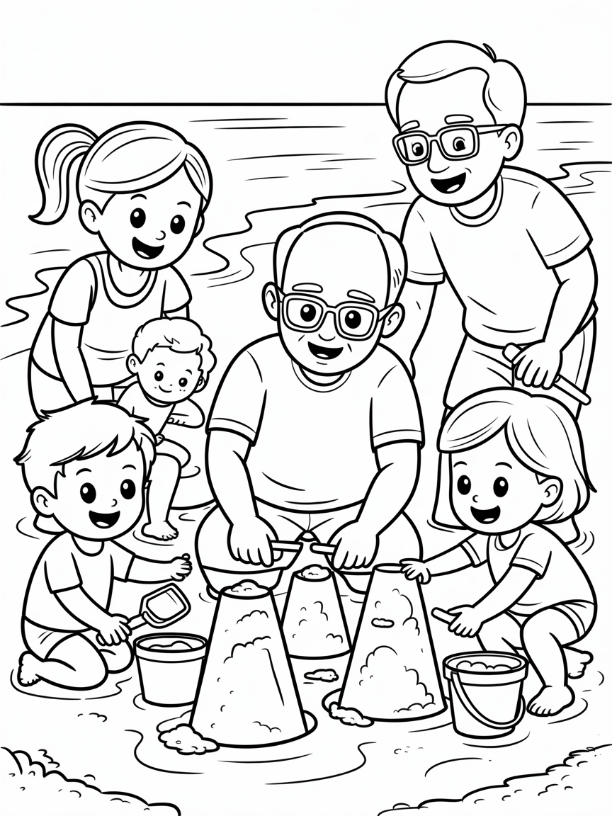A family building sandcastles on the beach. The family includes two 18 month boys, a 30 year old mother with a ponytail, a cleanshaven 30 year old father with rectangular glasses, a 70 year old grandad with glasses and a bald head and a 60 year old grandmother with glasses and a chin length Bob haircut - Free Coloring Page
