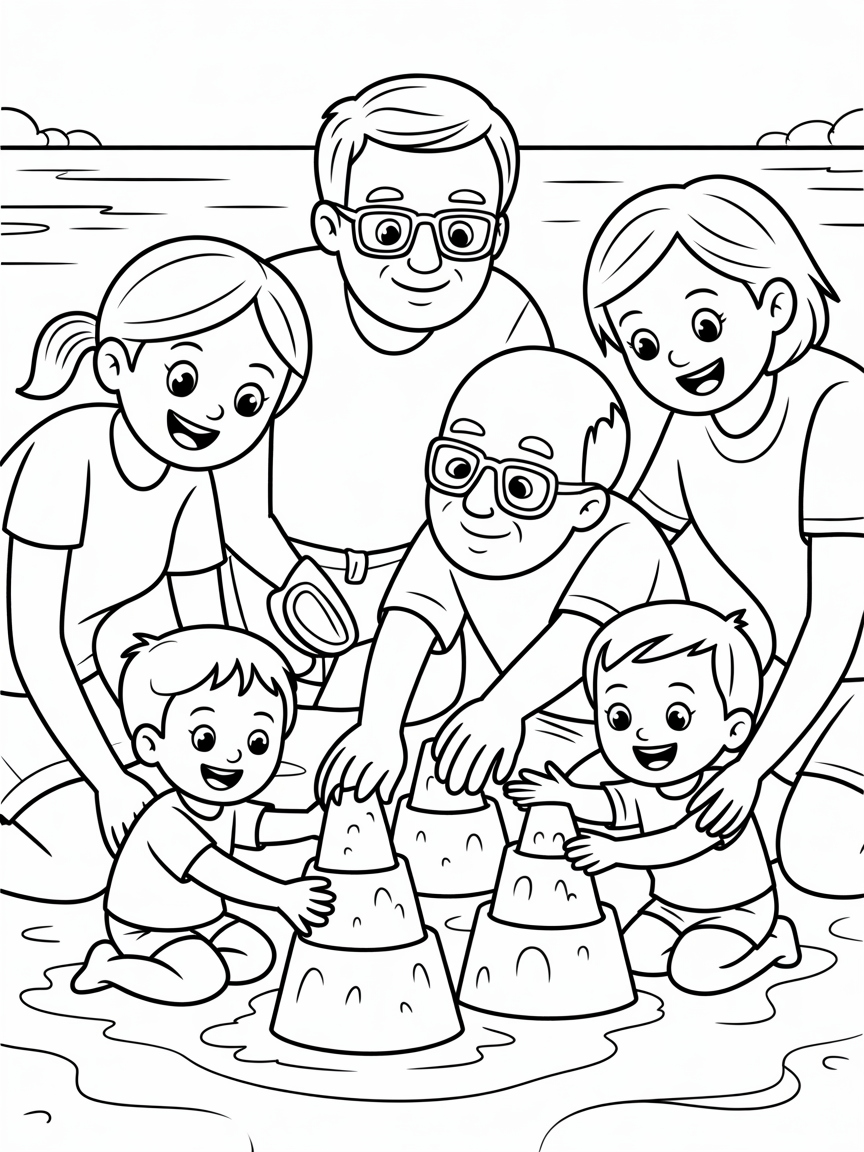 A family building sandcastles on the beach. The family includes two 18 month boys. The mum is 30 years old mother with a ponytail. The dad is a cleanshaven 30 year old with rectangular glasses. The grandad is a 70 year old man with glasses and a bald head. The grandmother is a 60 year old woman with glasses and shoulder length hair. - Free Coloring Page