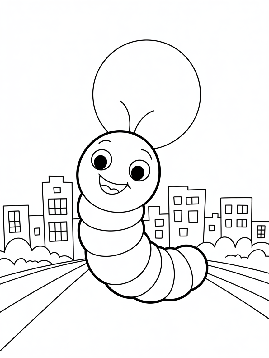 Smiling glow worm glowing in front of city skyline - Free Coloring Page
