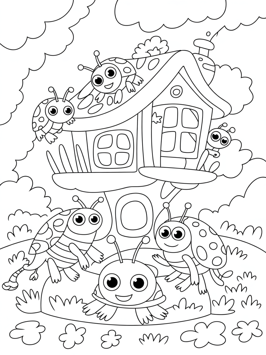 Minibeasts turtles aliens in a dream treehouse - Free Coloring Page