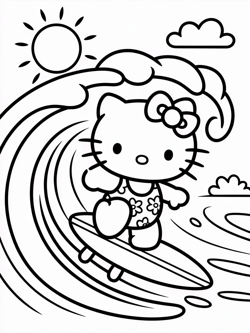 hello kitty surfing - Free Coloring Page