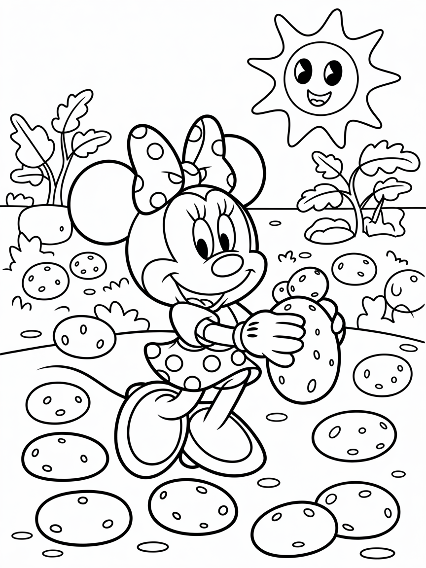 Minnie mouse in a field picking potatoes - Free Coloring Page