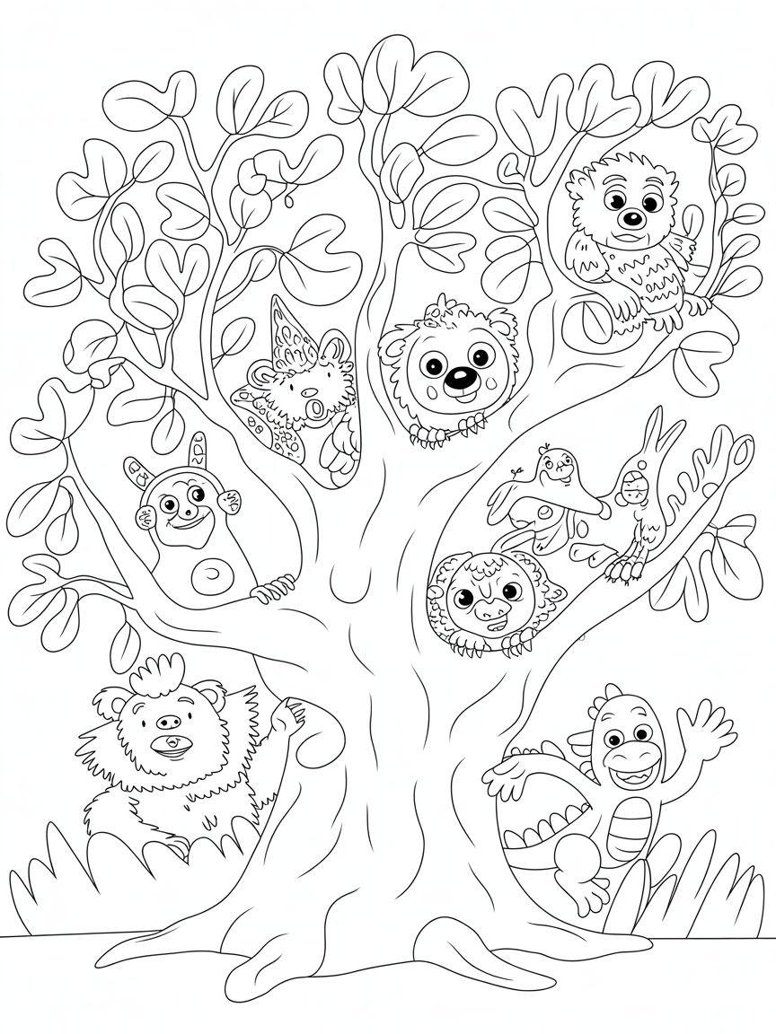 A tree covered in strangler fig that is home a diverse range of fantastic beings - Free Coloring Page