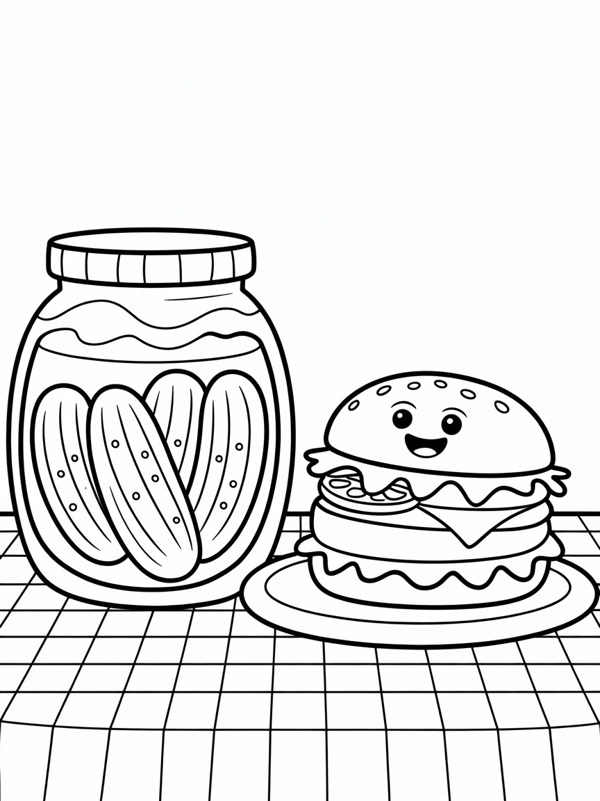 A jar of pickle and a hamburger meal - Free Coloring Page