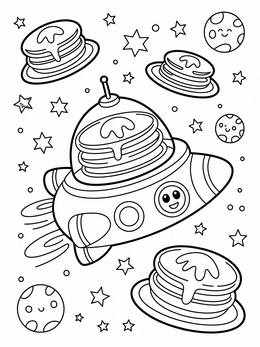Spaceship cooking pancakes in space - Free Coloring Page