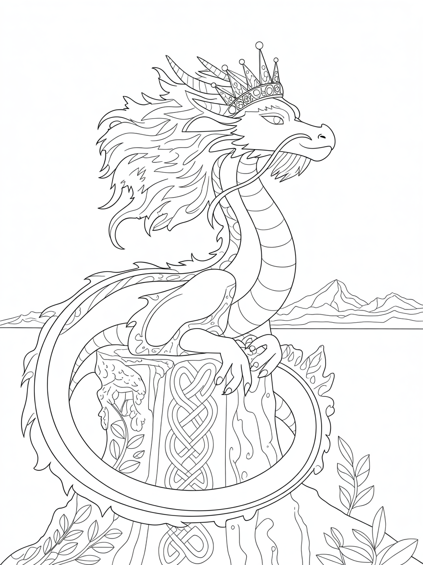 A golden coloured dragon with a mane of red hair. The dragon is wearing a crown - Free Coloring Page