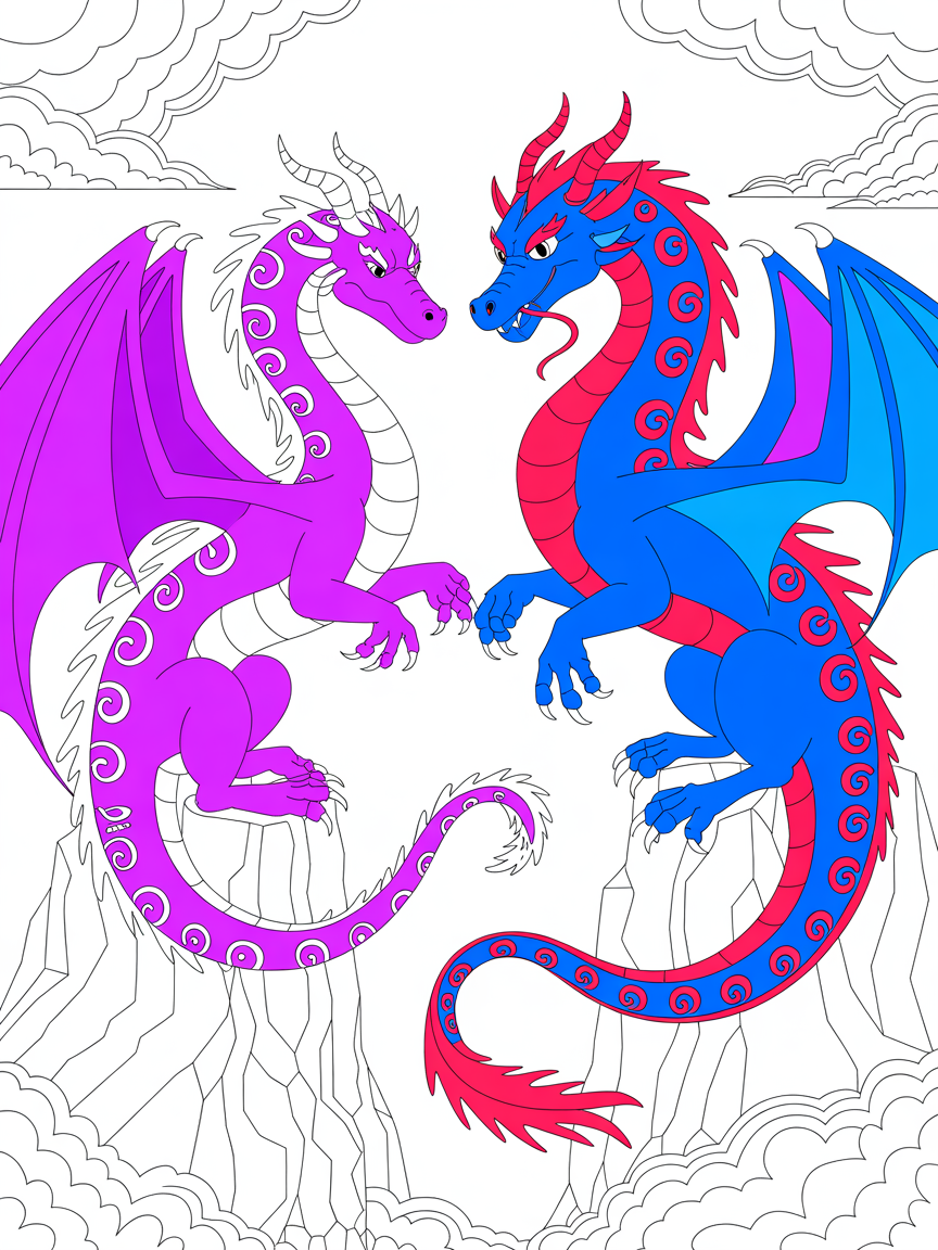Two dragons. One of them is totally purple. The other is blue with red stripes all over it's body. - Free Coloring Page