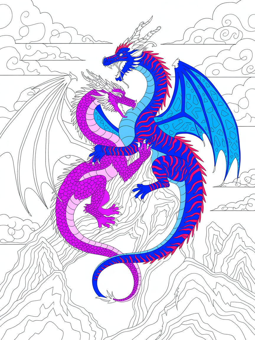 Two dragons. One of them is totally purple. The other is blue with red stripes all over it's body like a tiger. - Free Coloring Page