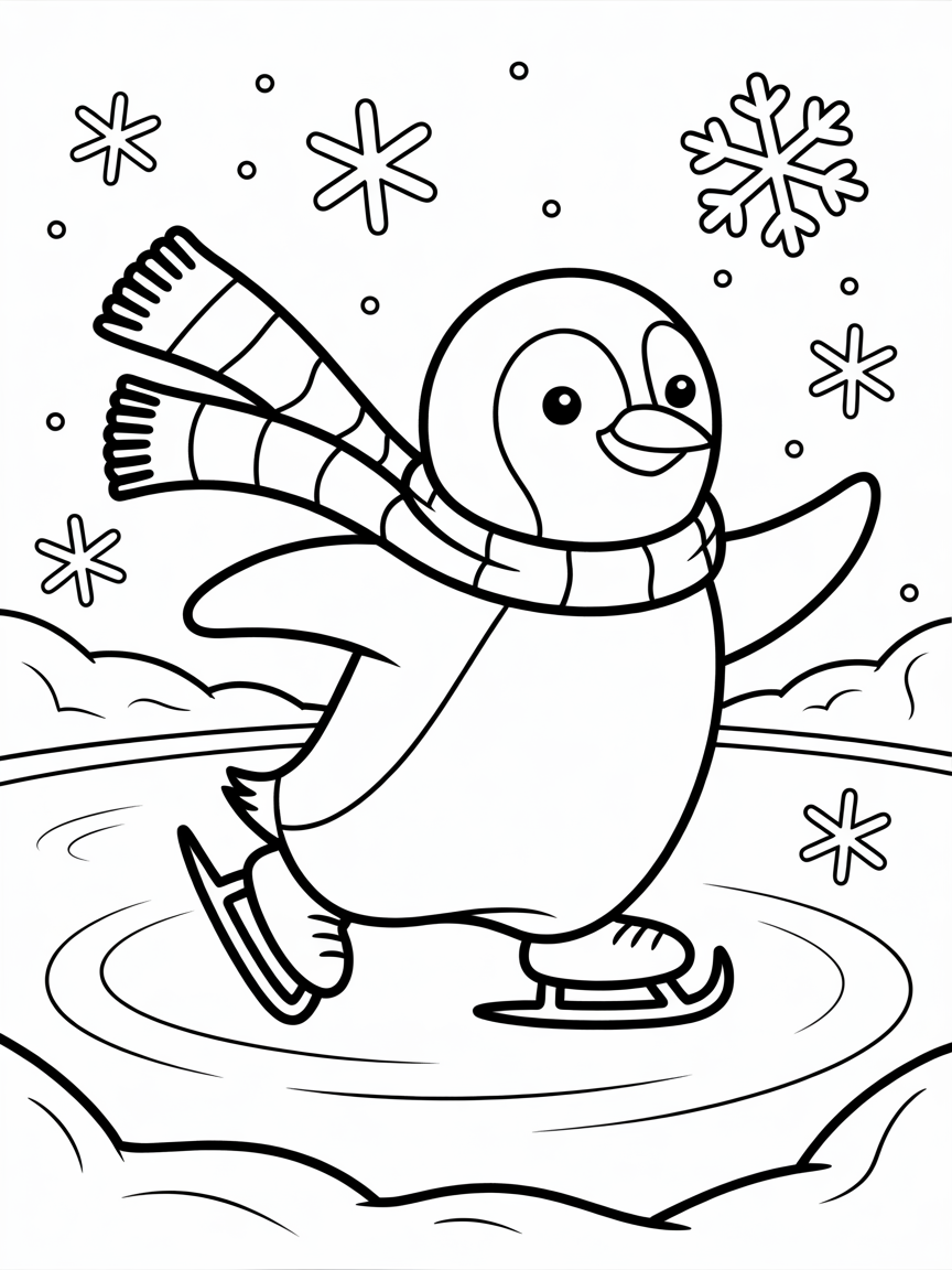 Penguin ice skating with scarves - Free Coloring Page