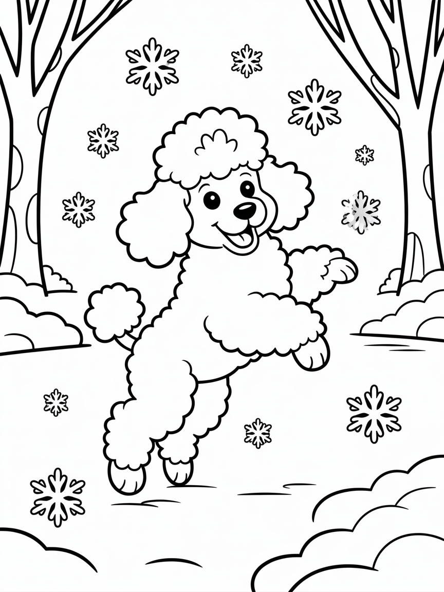 Poodle playing in snow - Free Coloring Page