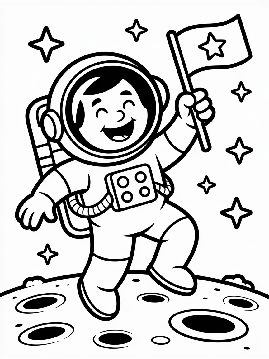 Friendly astronaut dancing on the moon - Free Coloring Page