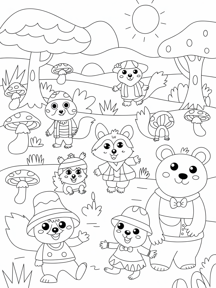 Fairytail forest with toadstools and forestcreatures with clothes on - Free Coloring Page