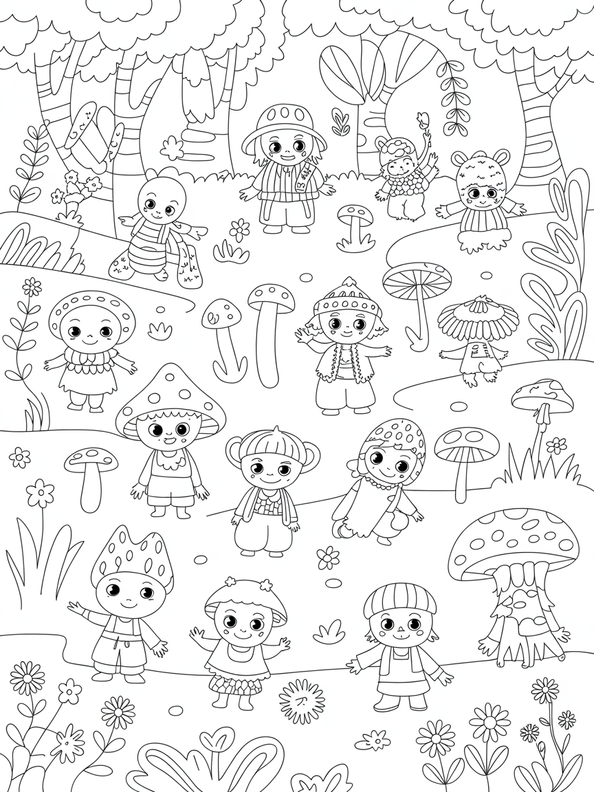 Fairytail forest with toadstools and chibi forestcreatures with clothes on - Free Coloring Page