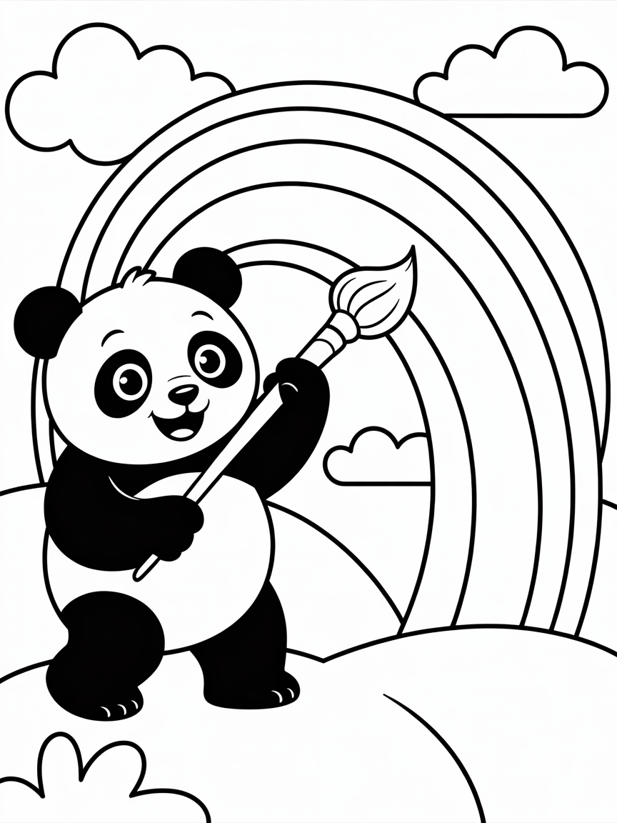Panda painting a rainbow bridge - Free Coloring Page