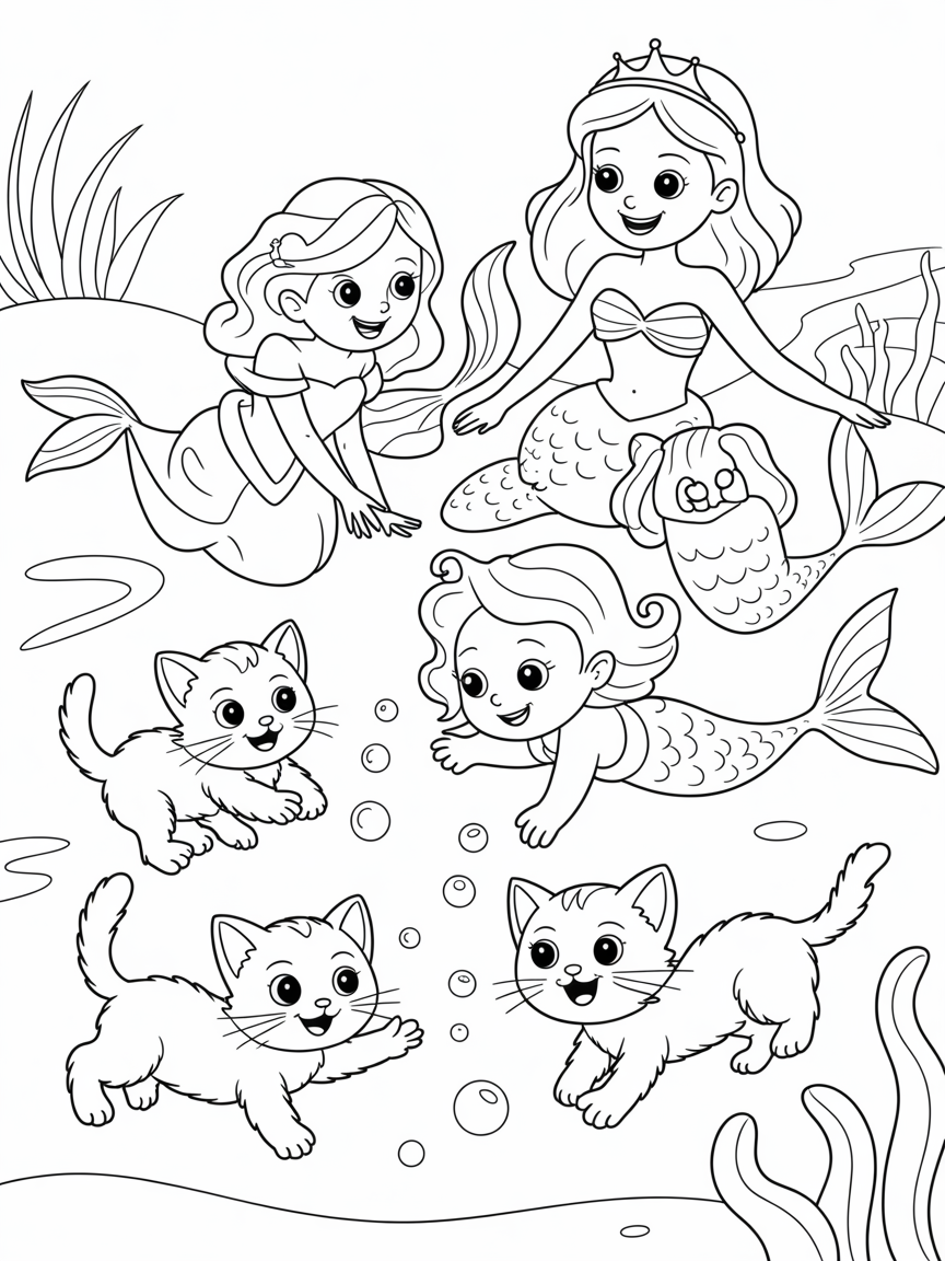 Princess and mermaids playing with cats - Free Coloring Page