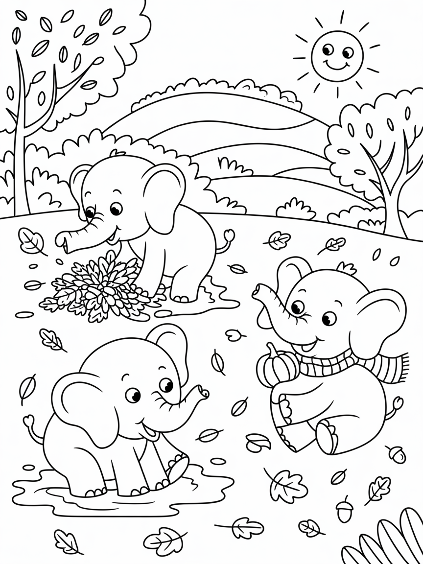 Autumn elephants - Free Coloring Page