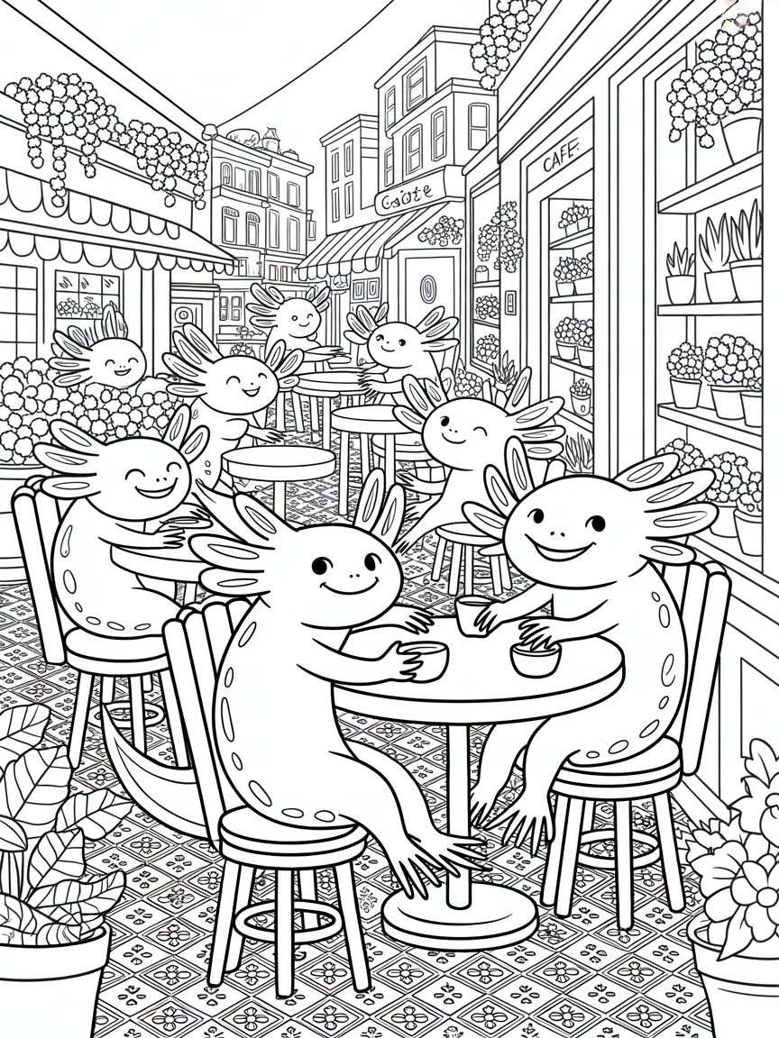Axolotl cafe - Free Coloring Page