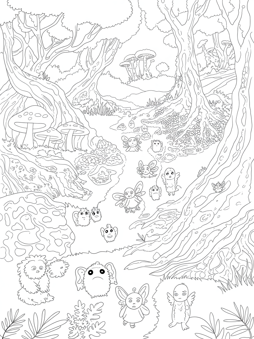Fairy forest with ghibli like creatures - Free Coloring Page