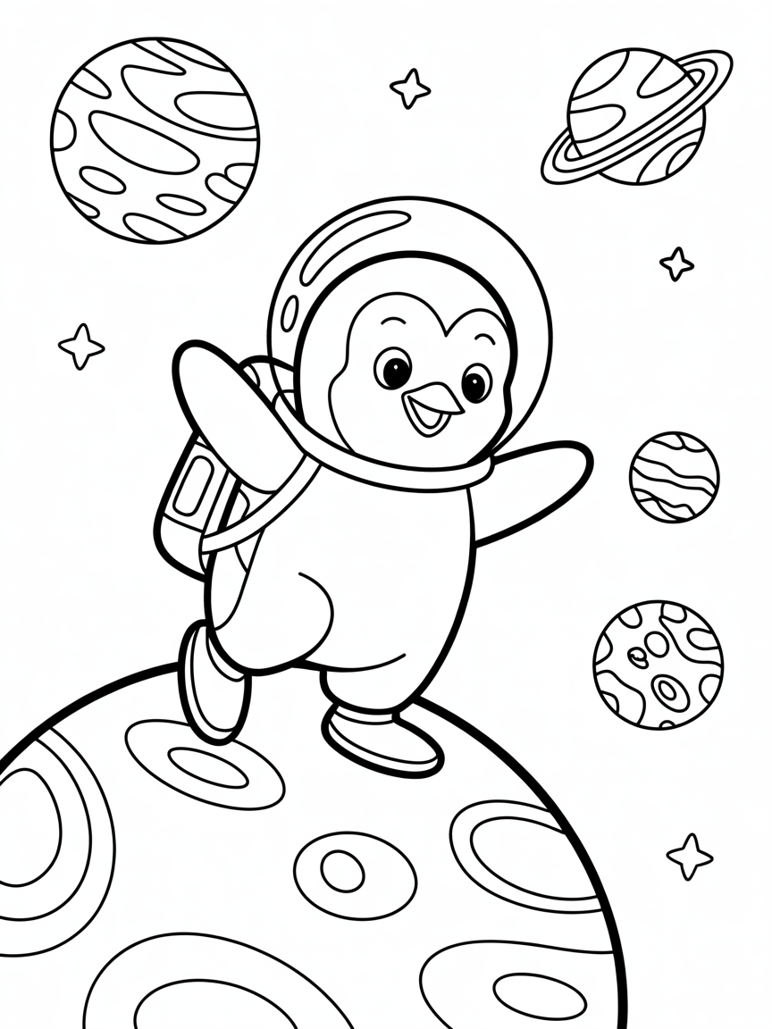 Penguin astronaut exploring colorful planets - Free Coloring Page