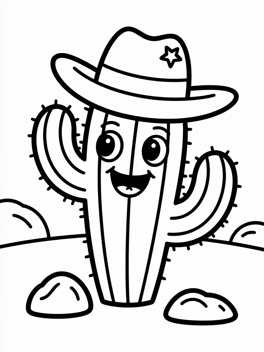 Cactus wearing a cowboy hat - Free Coloring Page
