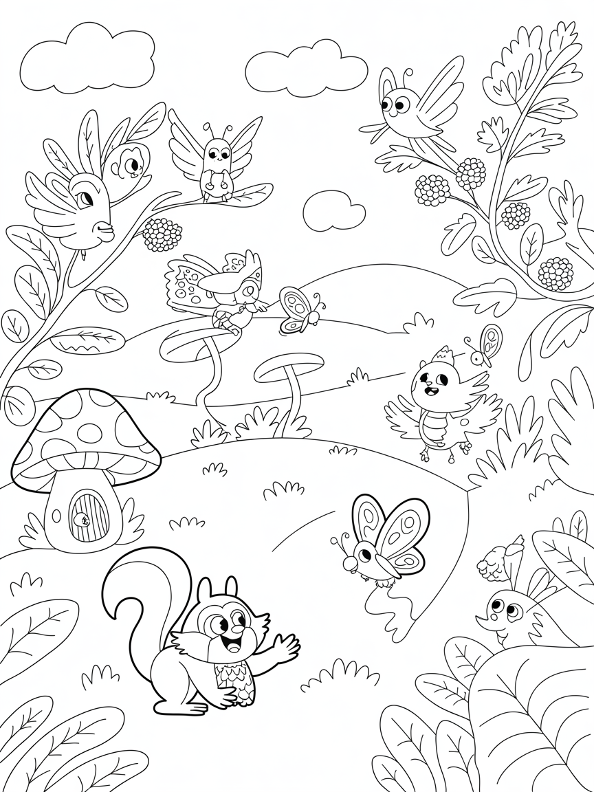 A fairy wonderland with birds and woodland animals - Free Coloring Page