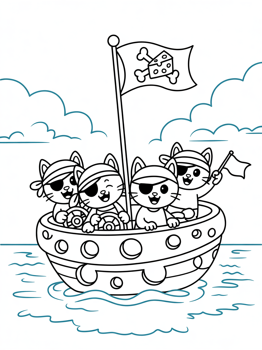 Pirate cats sailing a cheese boat - Free Coloring Page