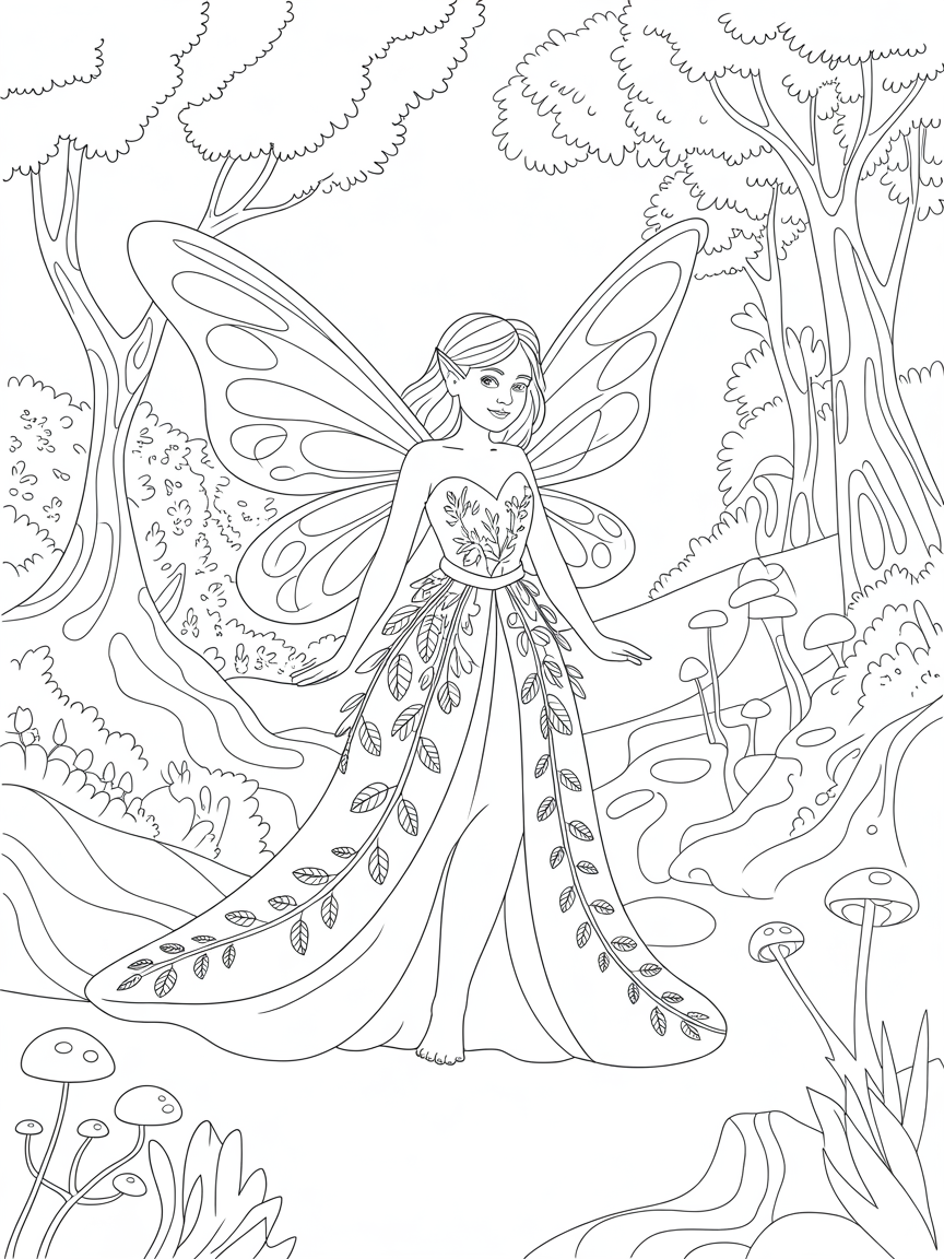 Fairy in a magical forest - Free Coloring Page