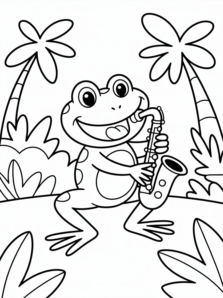 Frog playing saxophone in the jungle - Free Coloring Page
