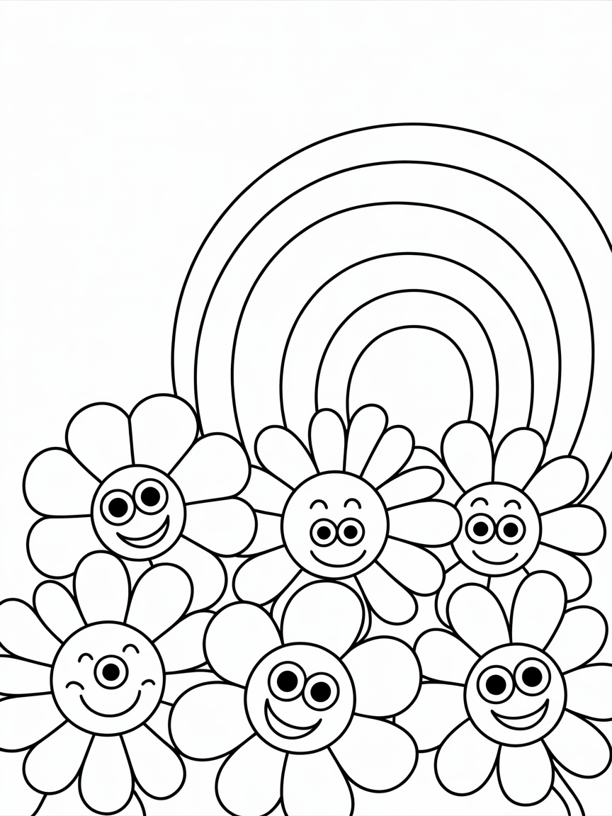 Flowers with rainbow - Free Coloring Page