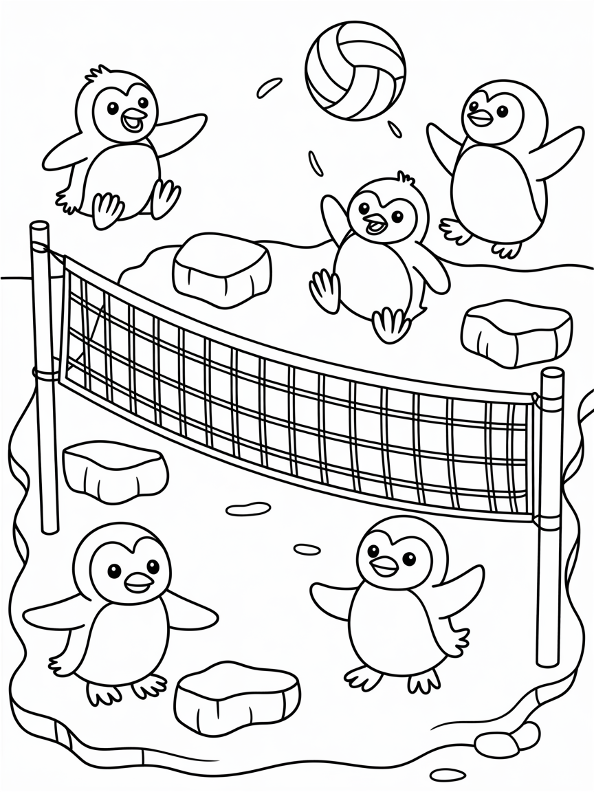 Penguins playing volleyball on ice - Free Coloring Page