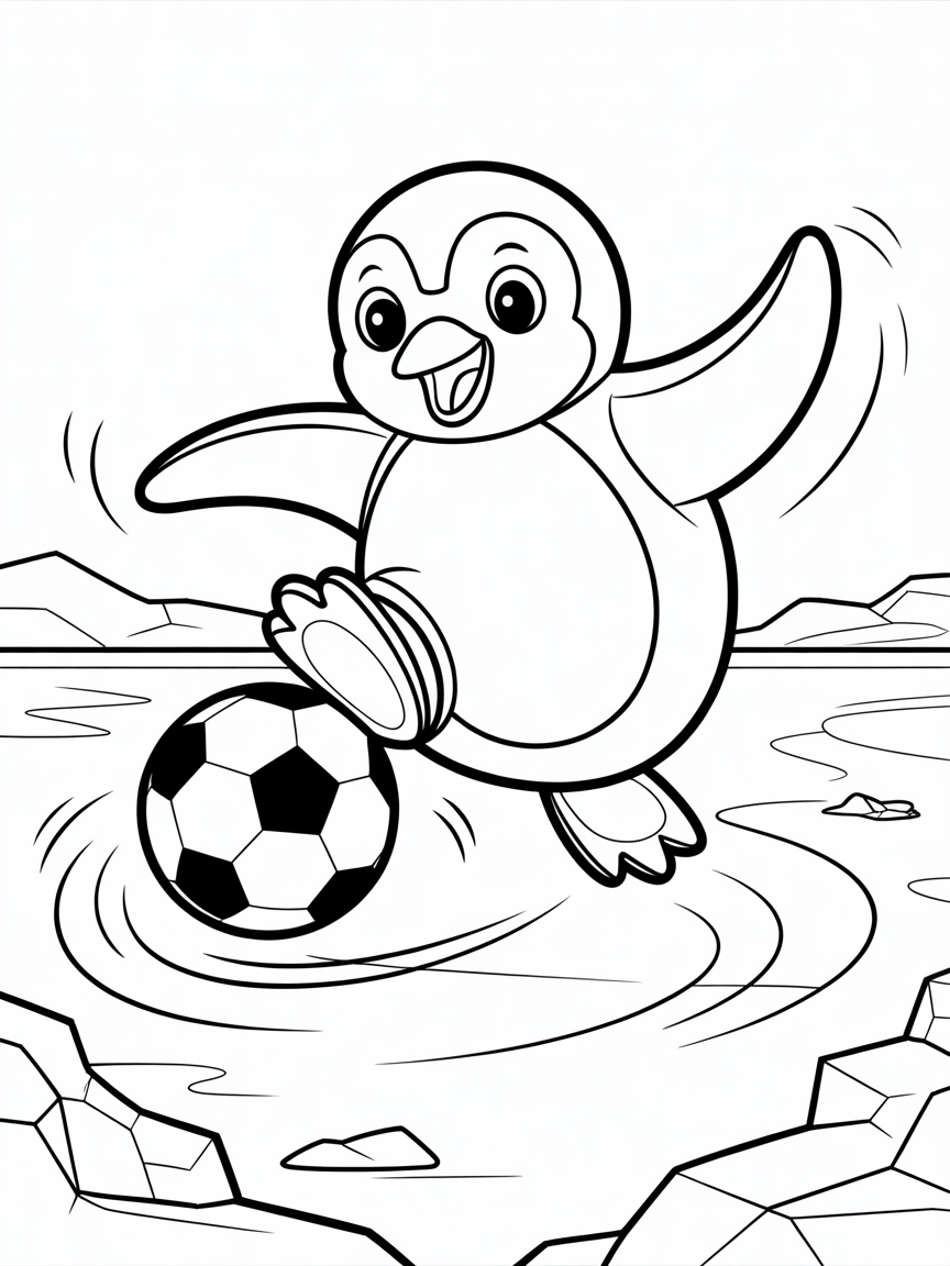 Penguin playing soccer on ice - Free Coloring Page