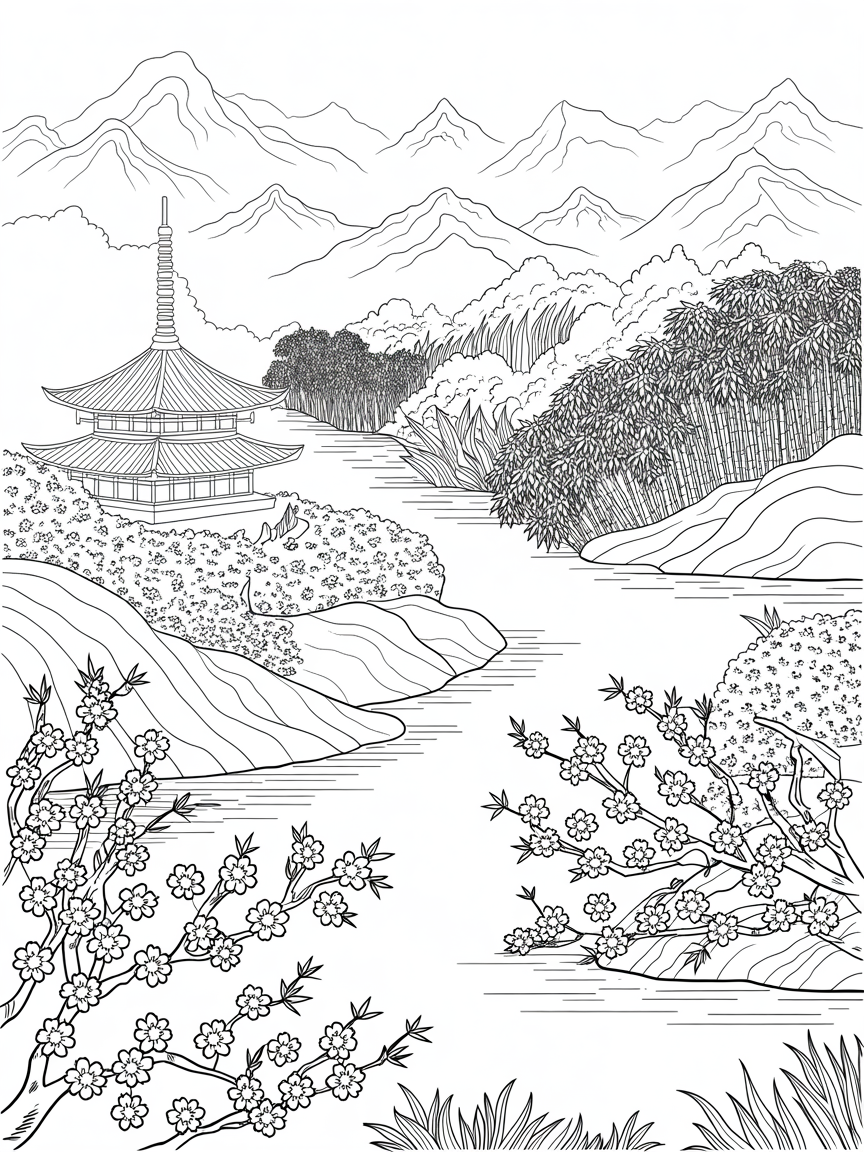 Beautiful Asian scenery - Free Coloring Page