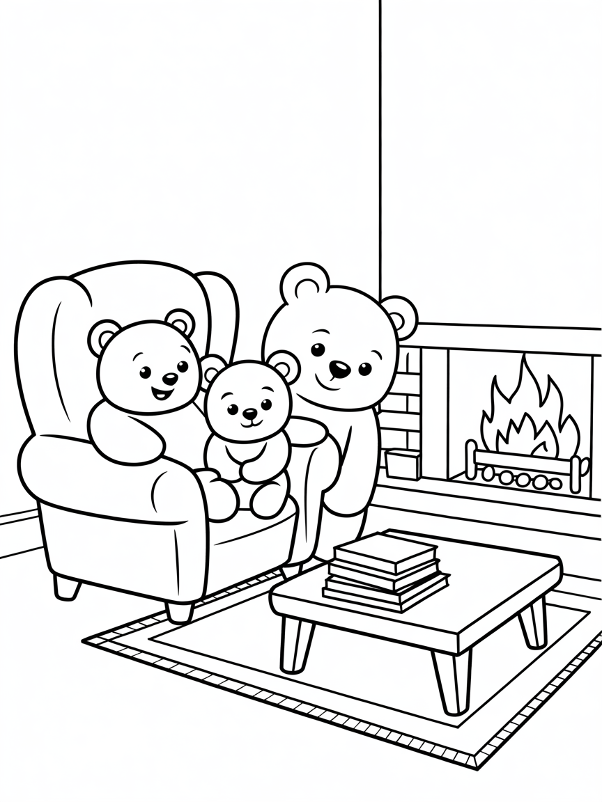Cosy living room with bears - Free Coloring Page