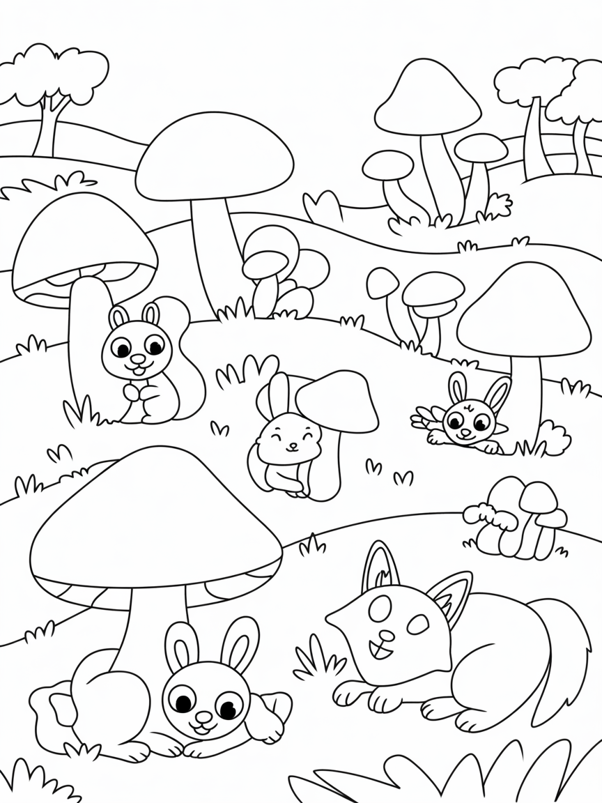 Woodland scene with mushrooms and hidden animals - Free Coloring Page