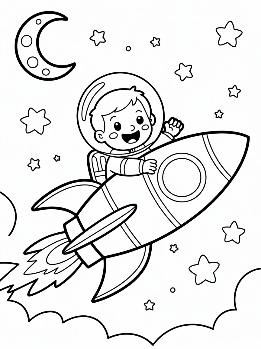 6 year old flying a rocket in space - Free Coloring Page