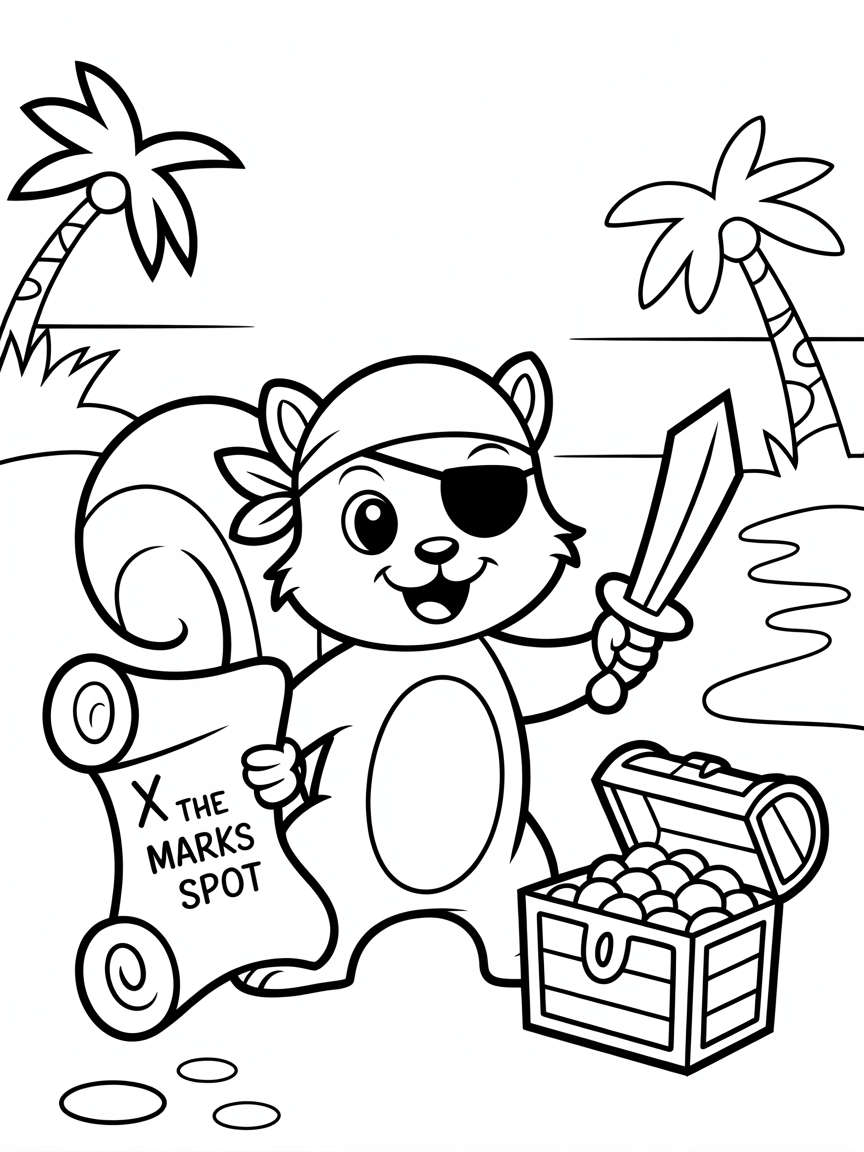 Pirate squirrel with treasure map - Free Coloring Page
