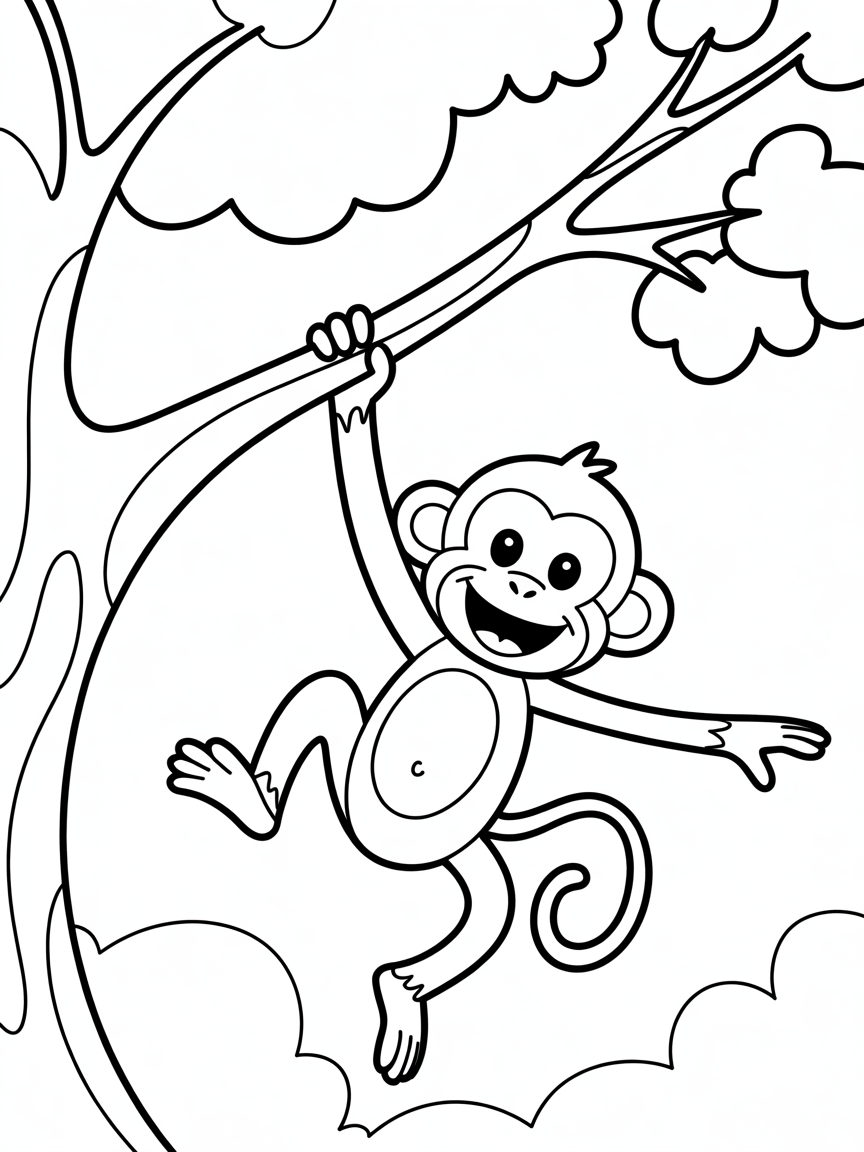 monkey swinging through trees - Free Coloring Page
