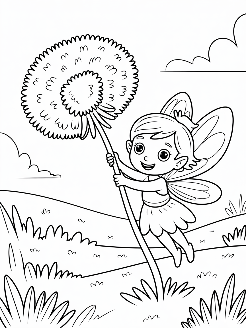 Fairy swinging on a dandelion - Free Coloring Page