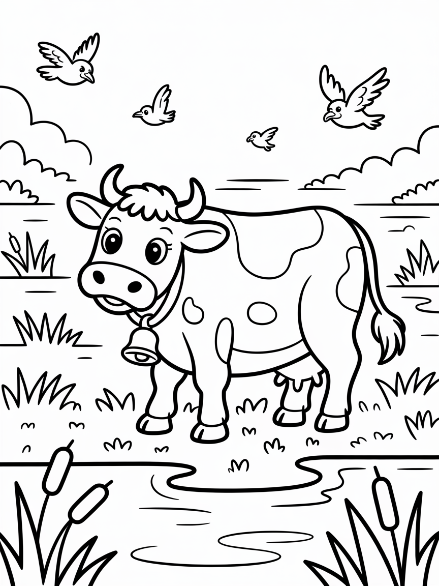 A picture of a cow eating grass on a marshland surrounded by water and seabirds - Free Coloring Page
