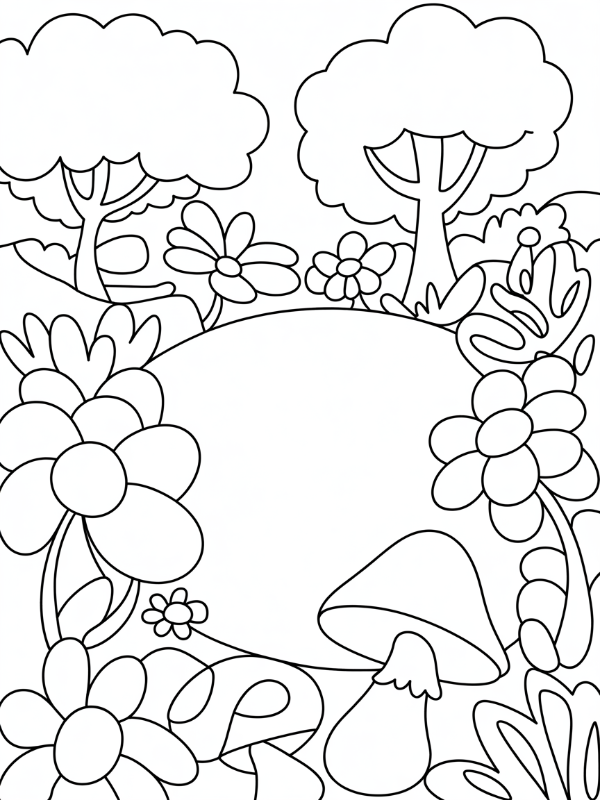 Autumn colours flowers, mushrooms and tress - Free Coloring Page