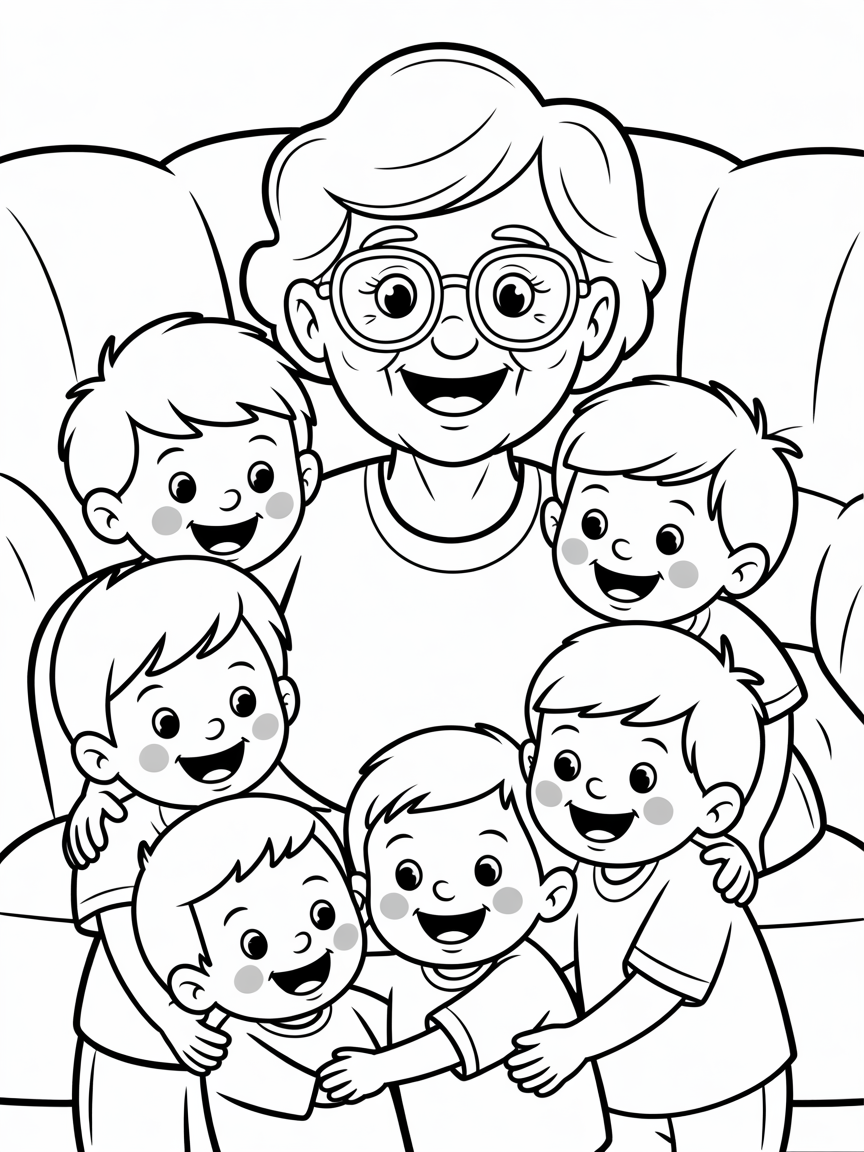 A happy grandmother with a big loving smile and big glasses, surrounded by dozens of sweet grandchildren, all smiling and filled with love and happinesd. - Free Coloring Page