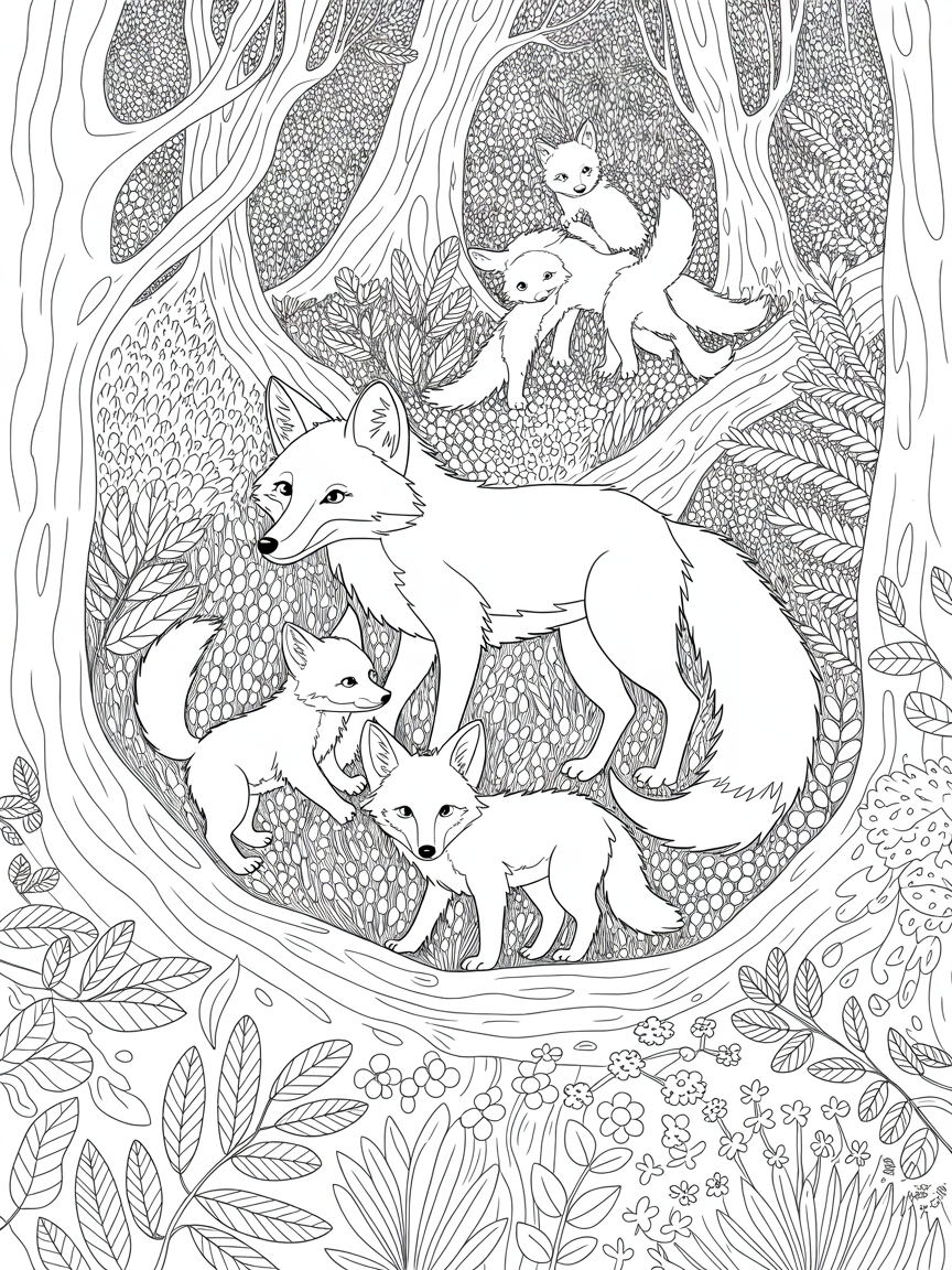 Fox family in the forest - Free Coloring Page