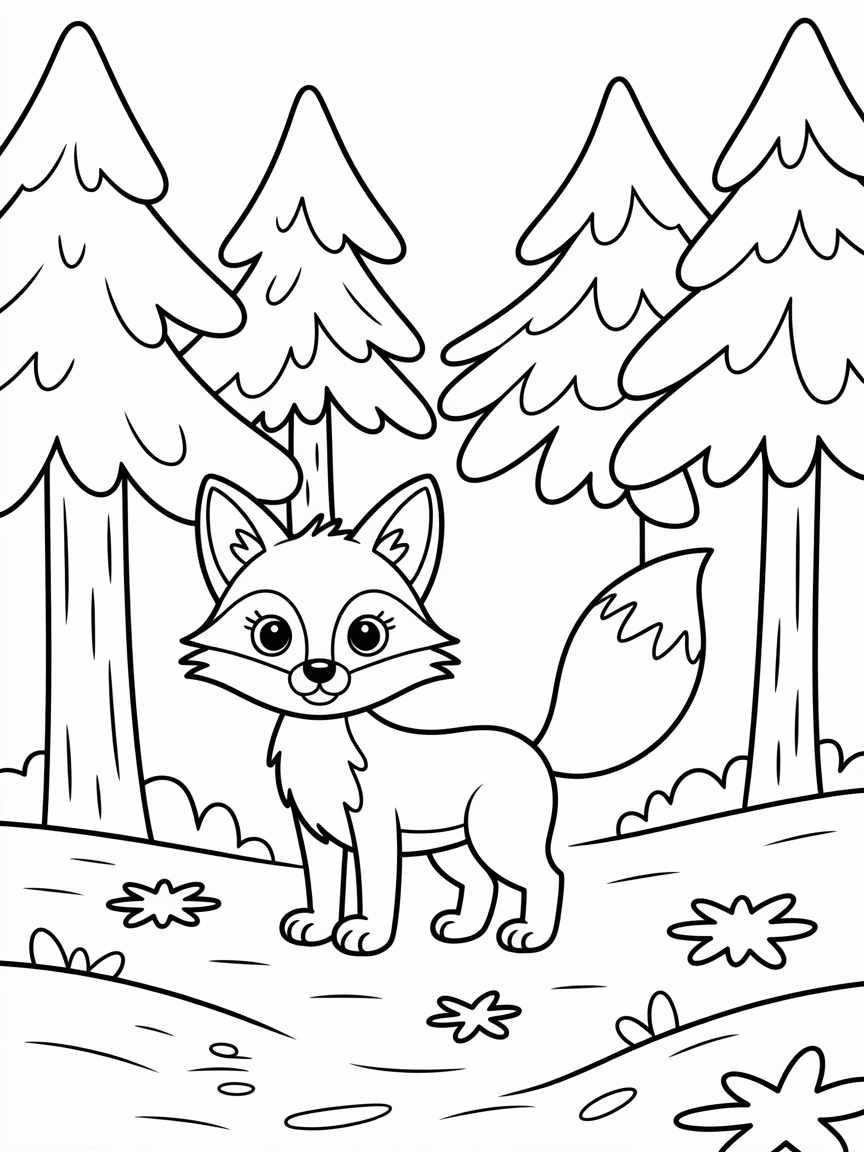 The fox in the forest in the winter - Free Coloring Page