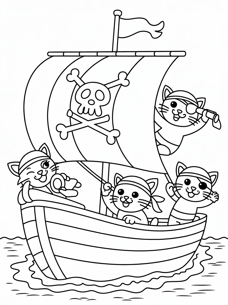 Pirate kittens sailing a rainbow ship - Free Coloring Page