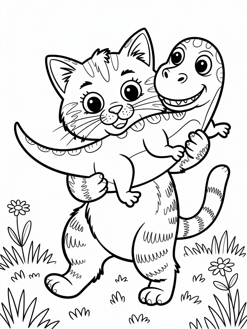 cat with a dinosaur in her mouth - Free Coloring Page
