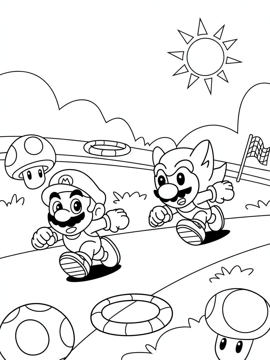 a mario and sonic game - Free Coloring Page